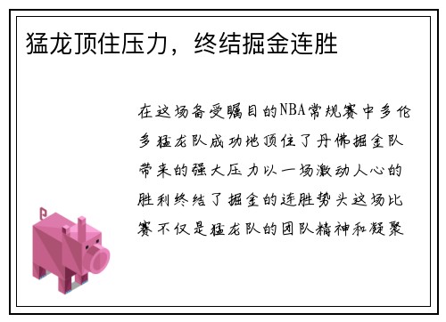 猛龙顶住压力，终结掘金连胜