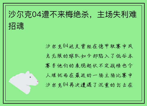 沙尔克04遭不来梅绝杀，主场失利难招魂