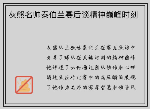 灰熊名帅泰伯兰赛后谈精神巅峰时刻