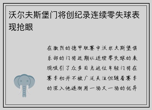 沃尔夫斯堡门将创纪录连续零失球表现抢眼